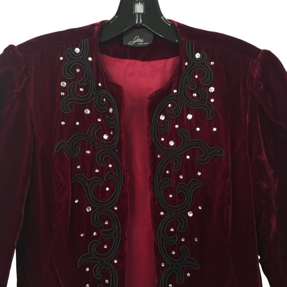 Jeri New York Velvet Jacket Blazer Womens 8 Burgundy Rhinestones Long Sleeve - Picture 10 of 16